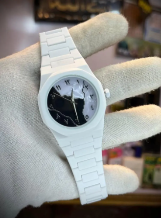 Men's Carbon Fiber White Marble Arabic Aura Watch